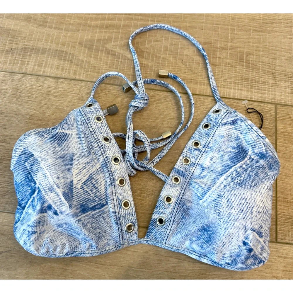 NEW L'AGENCE ANNABELLE DENIM TRIANGLE BIKINI SWIMSUIT SWIM TOP SZ XL
